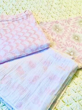 Pottery Barn Pink Floral/Bunny/Zigzag Lightweight Baby Swaddle or Muslin Blanket